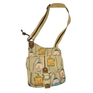 Canvas Birdcage Print Crossbody Bag - Beige
